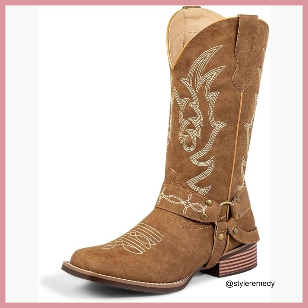 Square Toe Cowboy Boots Wide Calf Strap Western Boots Faux Leather